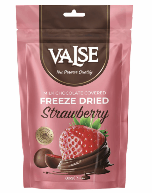 Valse Fraises lyophilisées enrobées de chocolat au lait 80 g (12 unités/sachet)