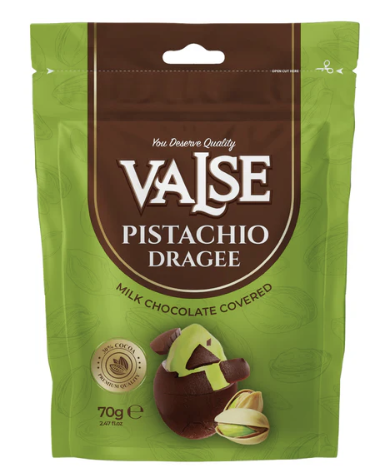 Valse Dragées à la pistache enrobées de chocolat au lait 70 g (12 unités/sachet)