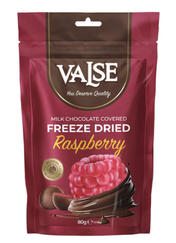 Valse Framboises lyophilisées enrobées de chocolat au lait 80 g (12 unités/sachet)